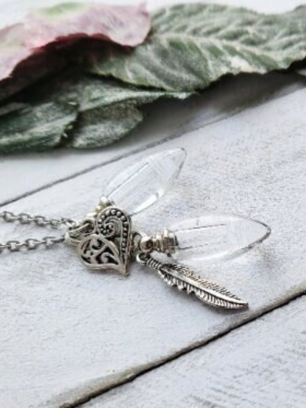 Double Glass Teardrop Necklace Feather Heart Charm Keepsake